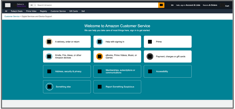 Amazon customer service webpage reproduced by Gemini 2.5 Pro with altered icons and spacing