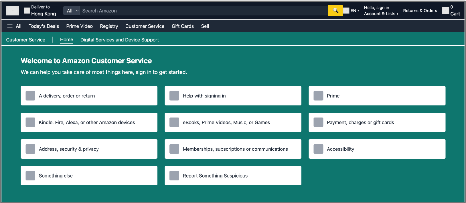 Amazon customer service webpage reproduced by ScreenCoder with preserved navigation, colors, and service-card hierarchy