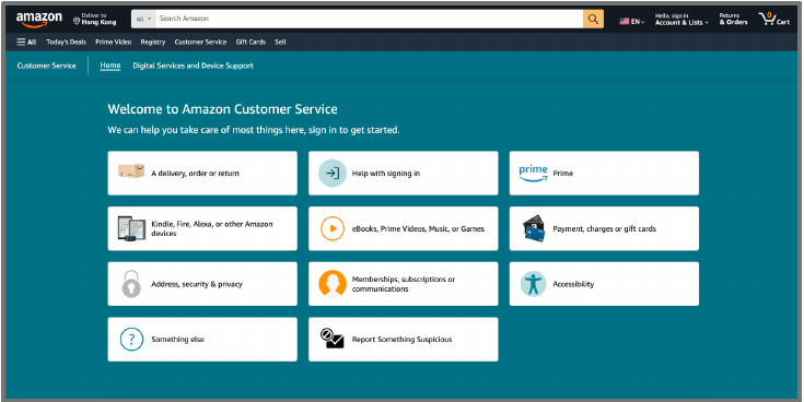 Original Amazon customer service webpage with navigation and a grid of service shortcuts