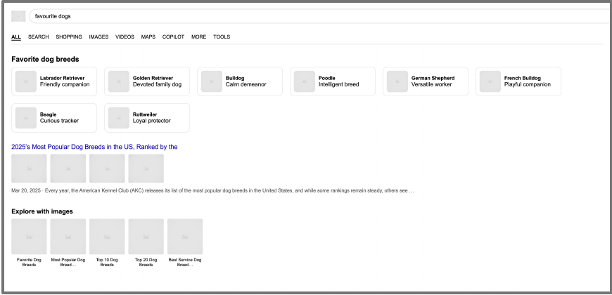 Bing search results webpage reproduced by GPT-4o with missing imagery and compressed structure