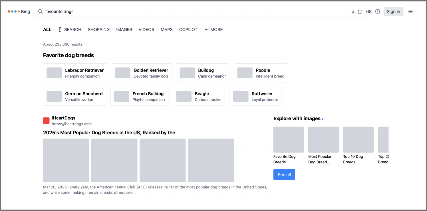 Bing search results webpage reproduced by ScreenCoder with its search hierarchy and two-column layout preserved