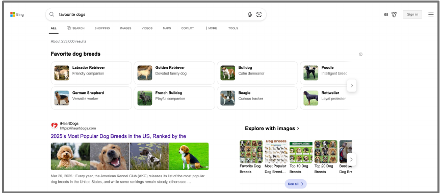 Original Bing search results webpage for favourite dog breeds